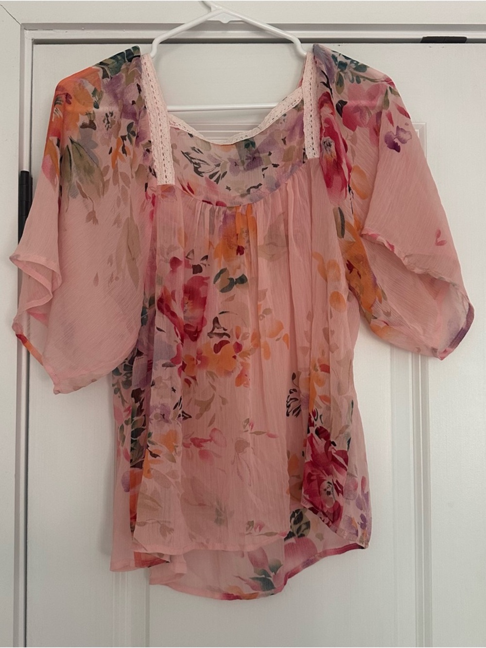Pink Floral Sheer Peasant Top with Multicolor Blooms - Picture 2 of 4